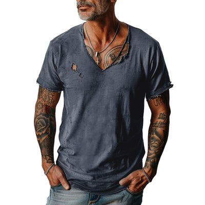 Men's Distressed Ripped Raw Edge V-Neck Short-Sleeved T-Shirt