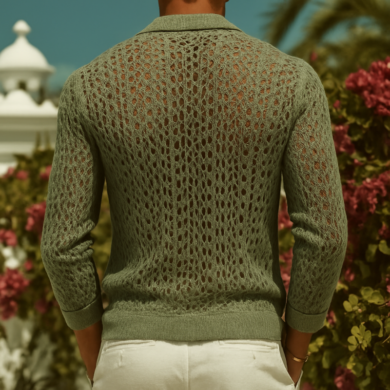 Men's Retro Casal Hollownit Lapel Long Sleeve Shirt