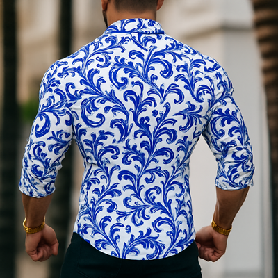 Men's Retro Casal Ble And White Porcelain Print Lapel Long Sleeve Shirt