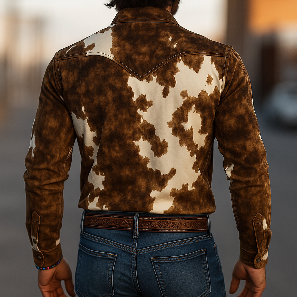 Men's Retro Casal Western Style Cow Print Sede Lapel Long Sleeve Shirt