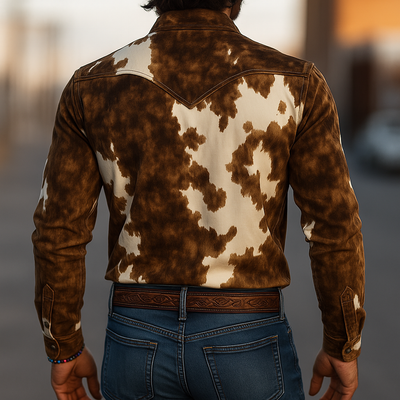 Men's Retro Casal Western Style Cow Print Sede Lapel Long Sleeve Shirt