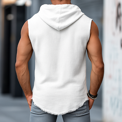 Jesse | Men'S Retro Casual Solid Color Linen Raw Edge Hooded Tank Top