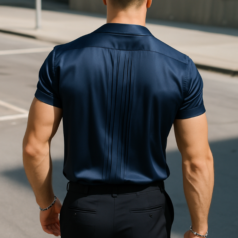 Jim | Men'S Retro Casual Solid Color Satin Pleated Lapel Short Sleeve Shirt