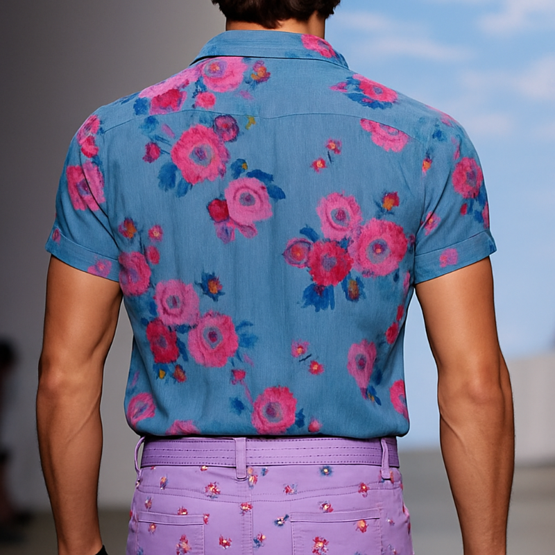 Men's Retro Casalesh Printed Floral Lapel Short Sleeve Shirt