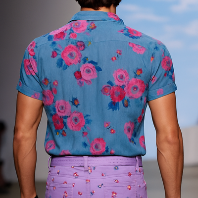 Men's Retro Casalesh Printed Floral Lapel Short Sleeve Shirt