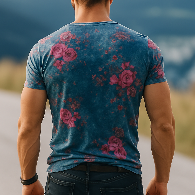 Harold | Men'S Retro Casual Rose Print Velvet Round Neck Short Sleeve T-Shirt