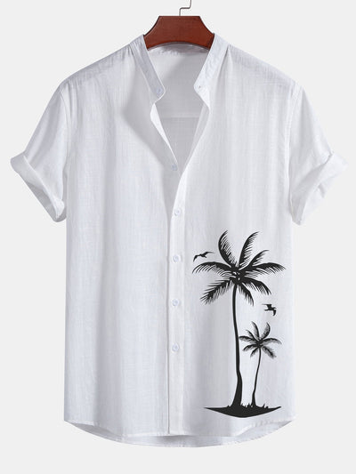 Alec® | Palm Tree Print Linen Look Cotton Stand Collar Shirt