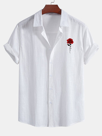 Allsop® | Red Rose Print Linen Look Cotton Button Up Shirt