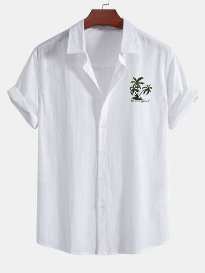 Clemente® | Hawaii Palm Tree Print Linen Look Cotton Button Up Shirt & Linen Cotton Blend Striped Shorts