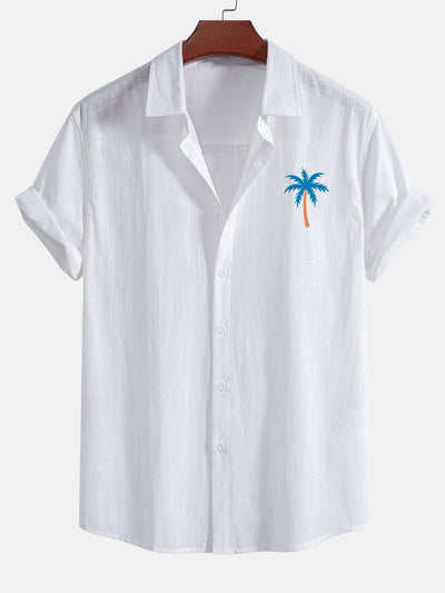 Annett® | Blue Palm Tree Print Linen Look Cotton Button Up Shirt