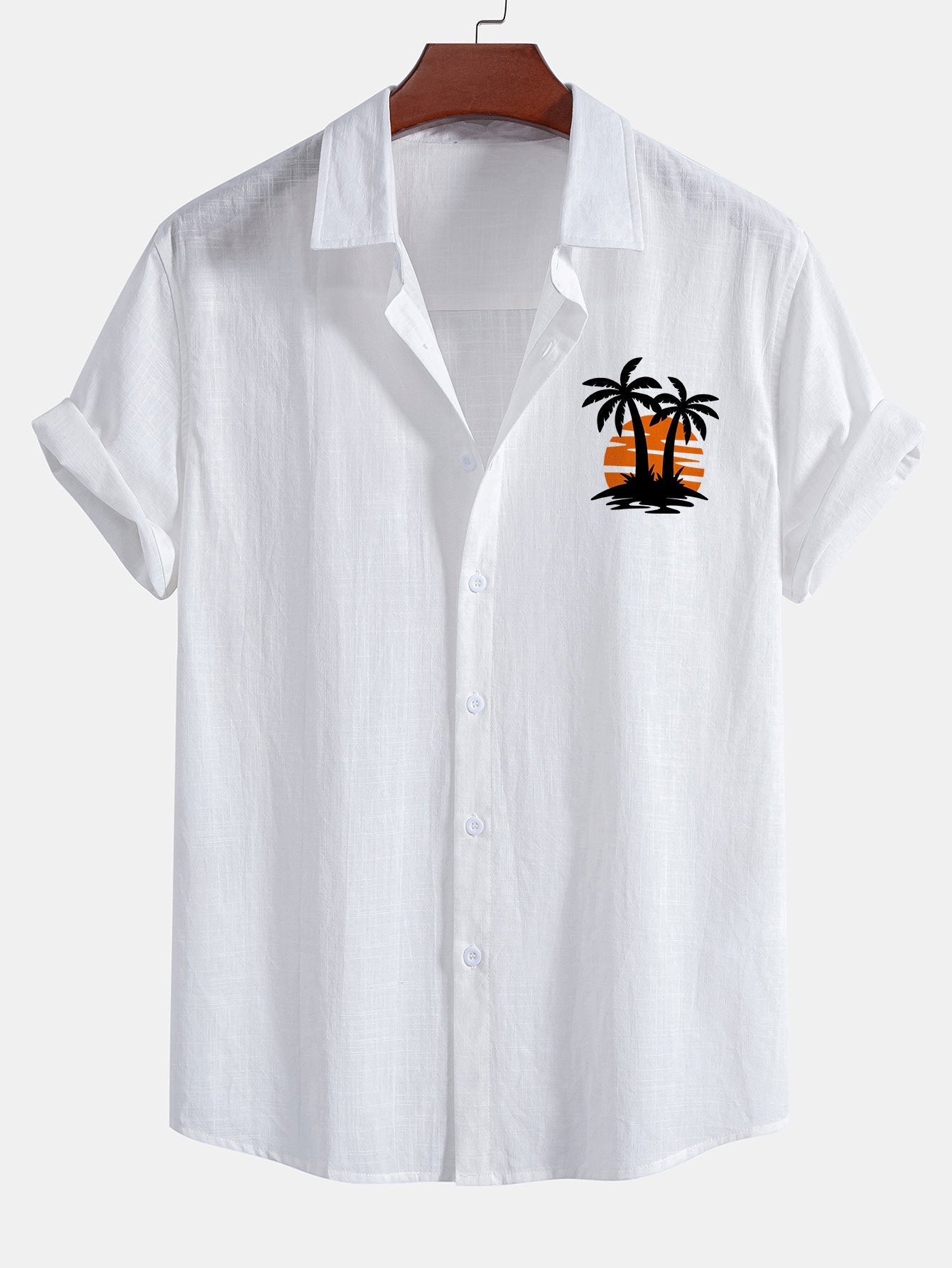 Johan® | Sunset Palm Trees Print Linen Look Cotton Button Up Shirt & Swim Shorts