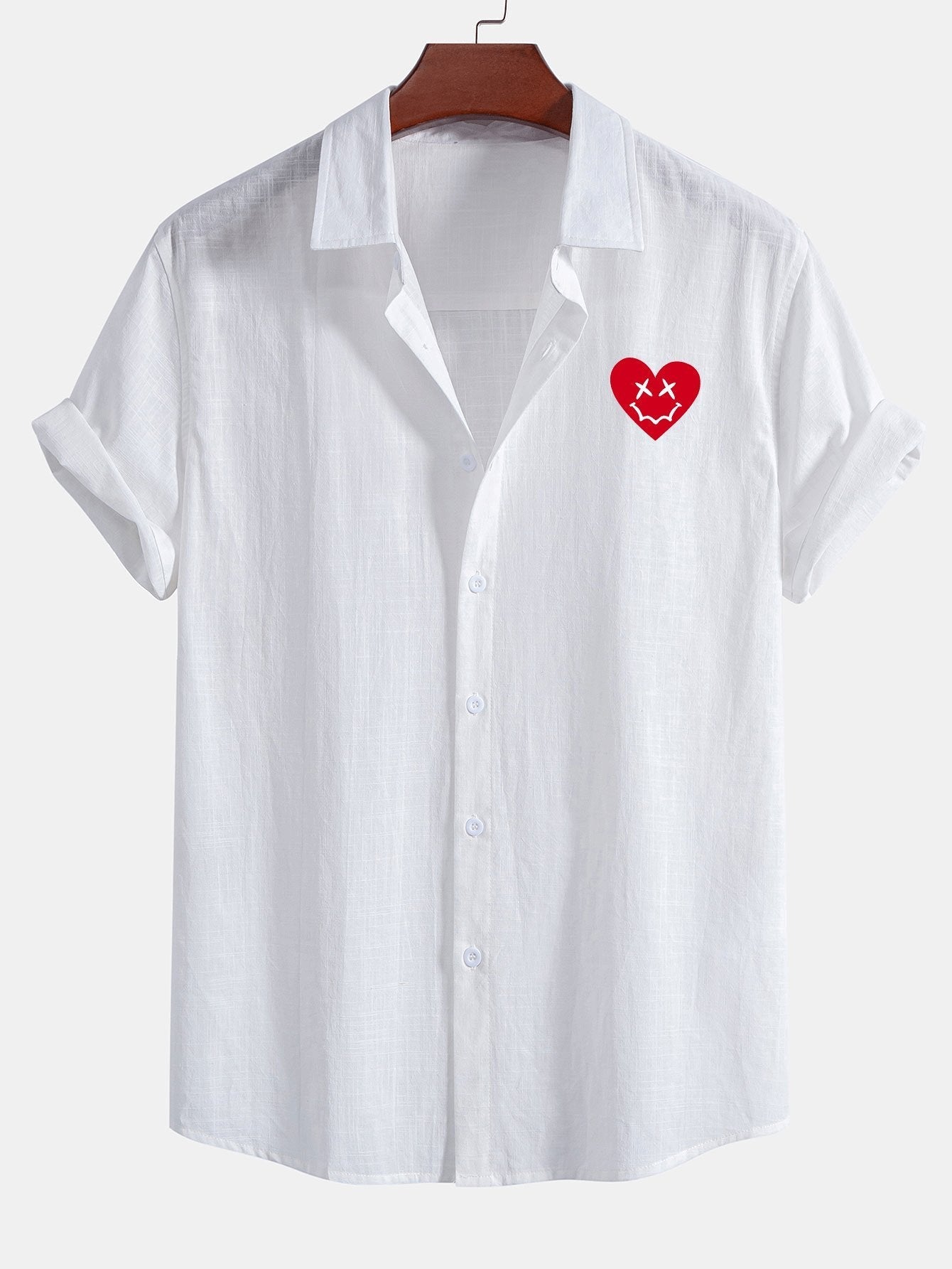 Aslan® | Heart Smiley Face Print Linen Look Cotton Button Up Shirt
