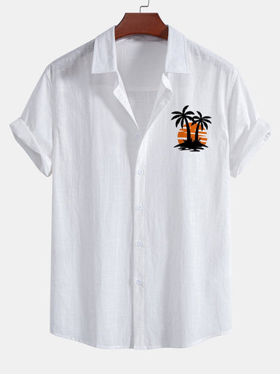 Arje® | Sunset Palm Trees Print Linen Look Cotton Button Up Shirt