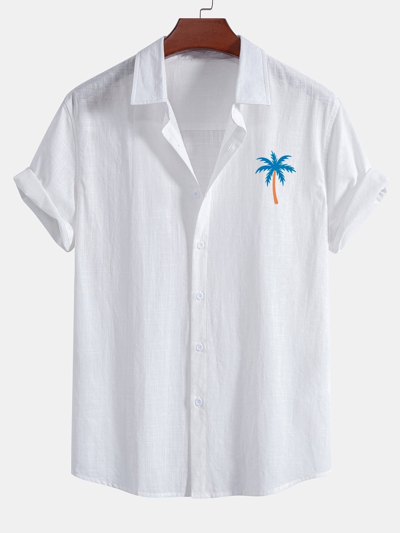 Simón® | Blue Palm Tree Print Linen Look Cotton Button Up Shirt