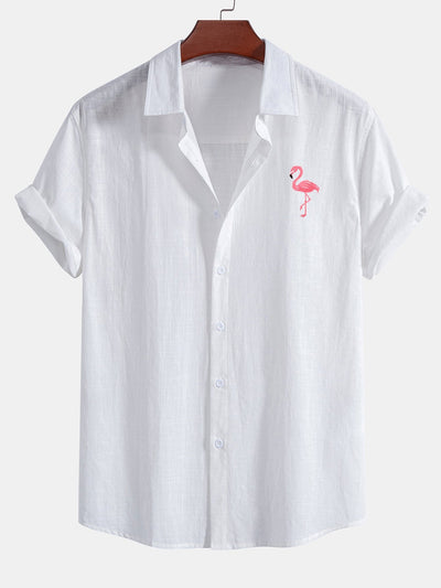 Andrew® | Flamingo Print Linen Look Cotton Button Up Shirt