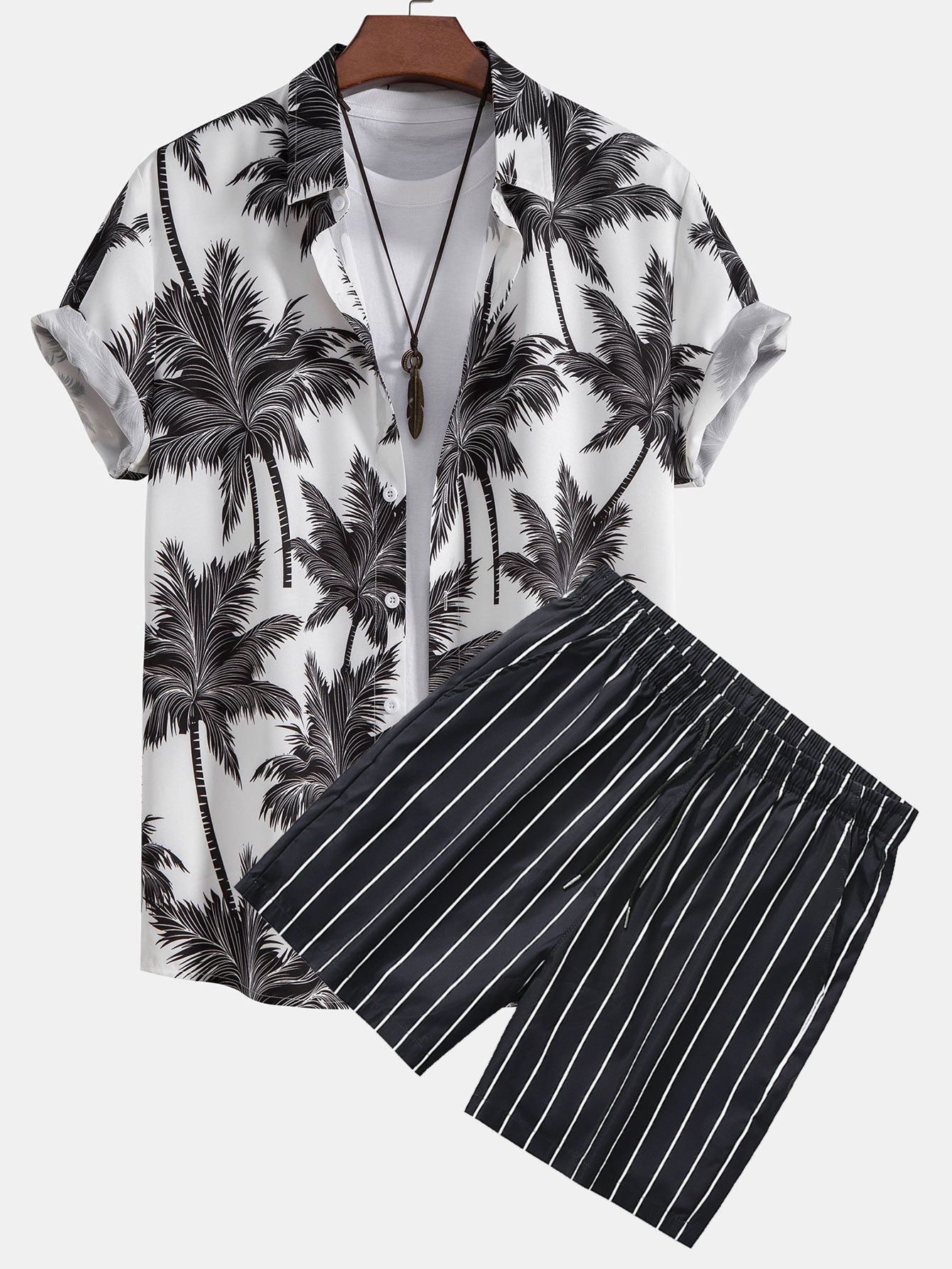 Aristides® | Palm Tree Print Button Up Shirt & Striped Swim Shorts