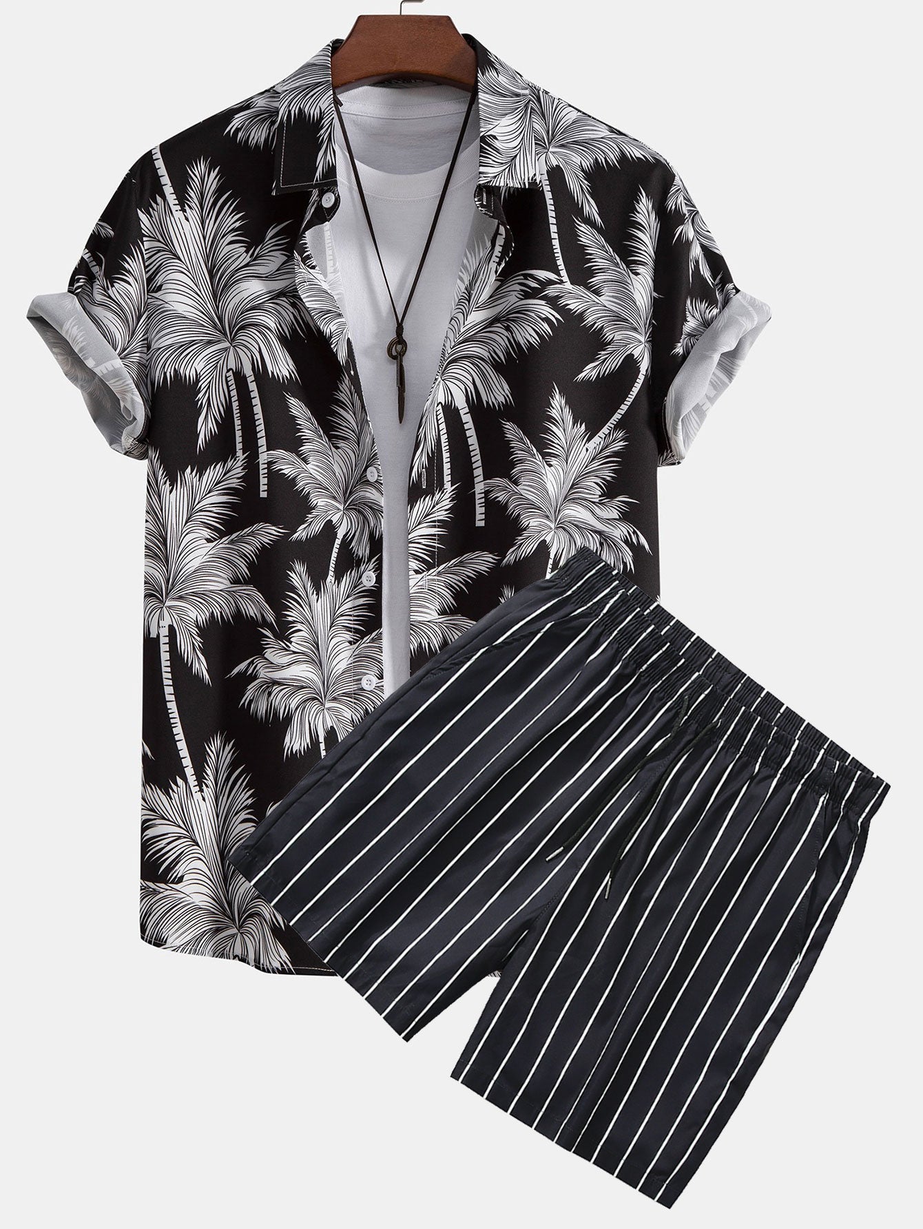 Gaudencio® | Palm Tree Print Button Up Shirt & Striped Swim Shorts