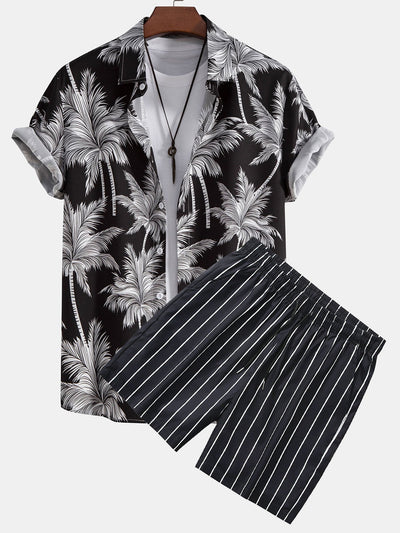 Aristides® | Palm Tree Print Button Up Shirt & Striped Swim Shorts