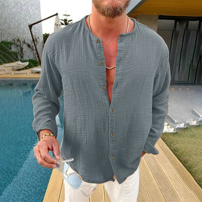 Men's Cotn and Linen Solid Color Long-sleeved Shirt