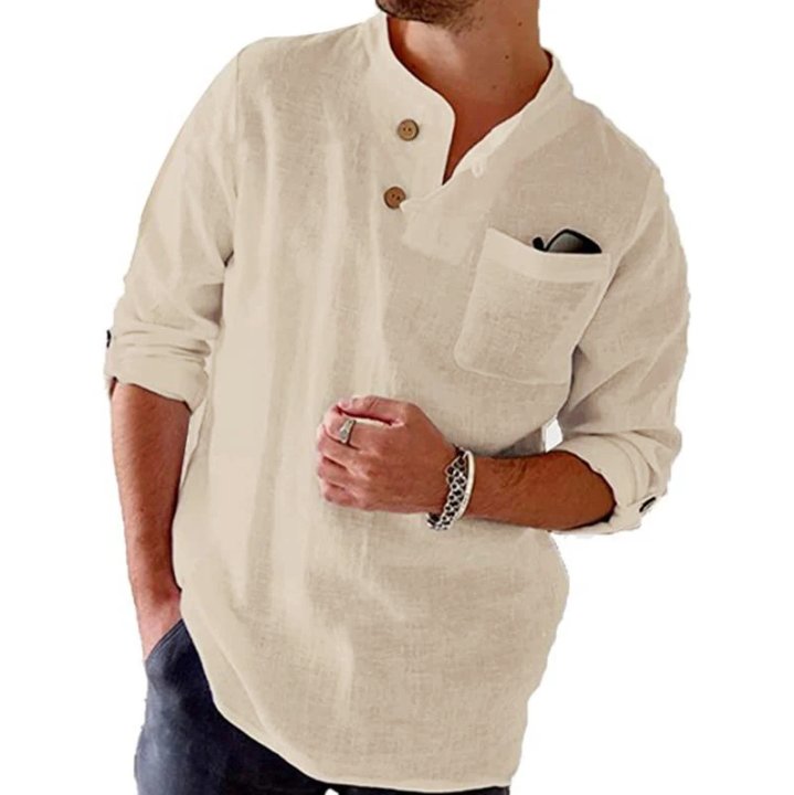 Men's Cotn Linen Loose Casal Solid Color Roll-p Sleeve Long-sleeved Shirt