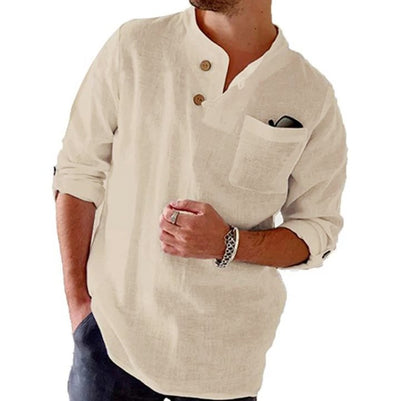 Men's Cotn Linen Loose Casal Solid Color Roll-p Sleeve Long-sleeved Shirt