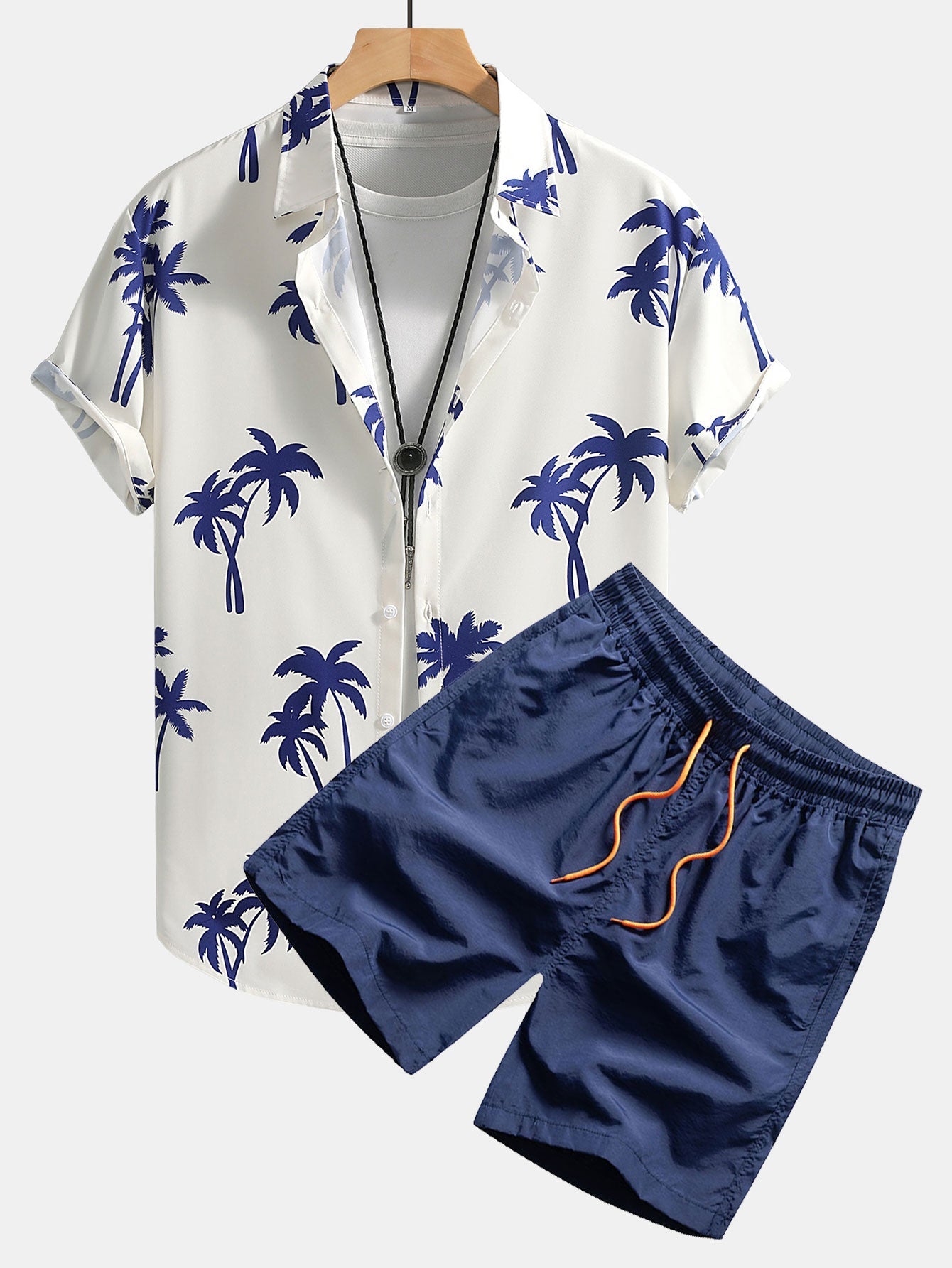 Eligio® | Palm Tree Print Button Up Shirt & Man Mid Length Drawstring Swim Shorts