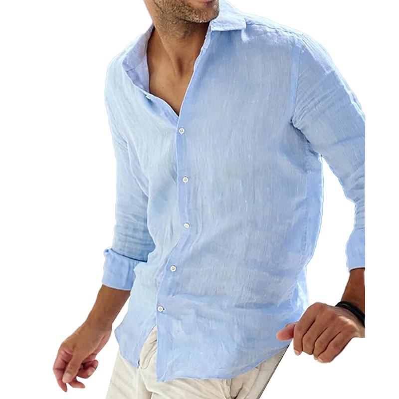 Men's Casal Solid Color Cotn Linen Lapel Collar Breathable Long Sleeve Shirt