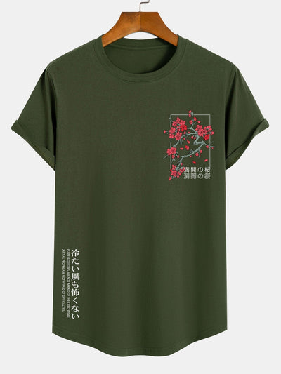 Cornelio® | Cherry Blossom Slogan Print Cotton Arc Hem T-Shirt
