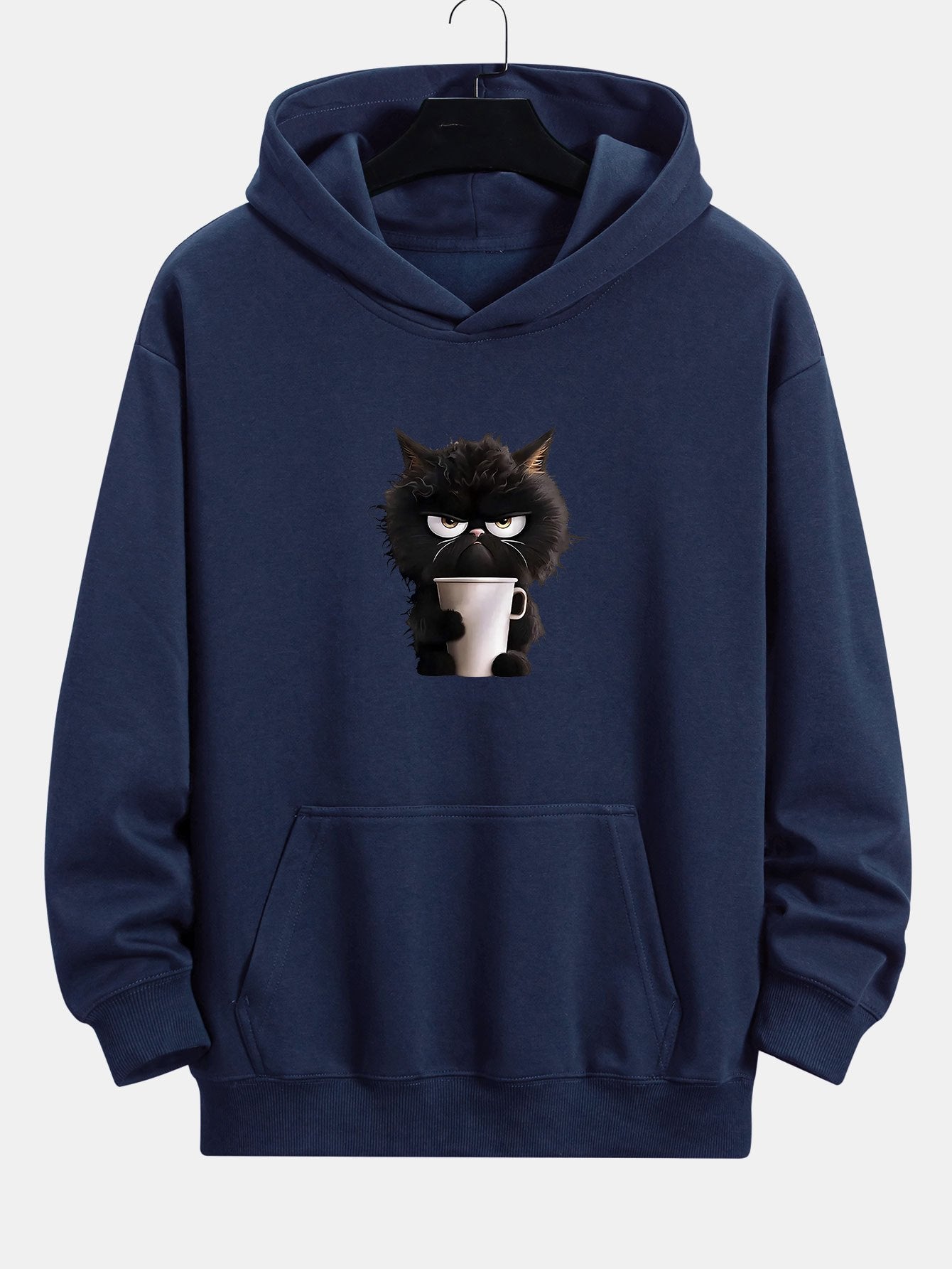 Donald | Black Cat Drinking Coffee Print Relax Fit Hoodie