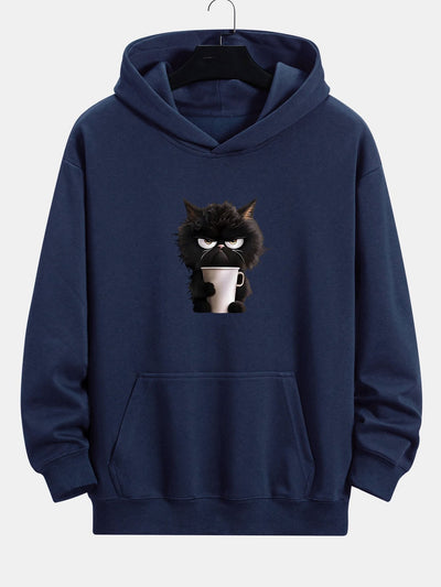 Donald | Black Cat Drinking Coffee Print Relax Fit Hoodie
