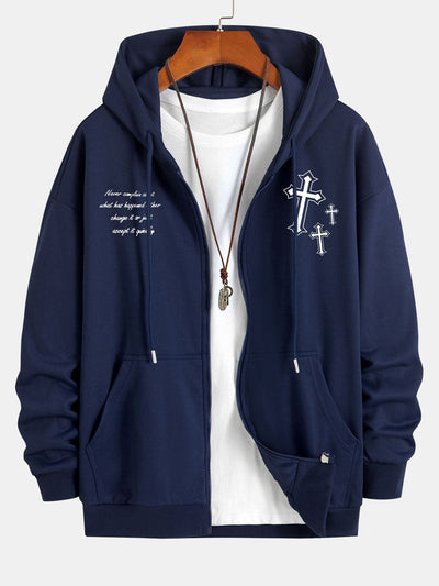 Waylon | Cross Slogan Print Relax Fit Zip Hoodie
