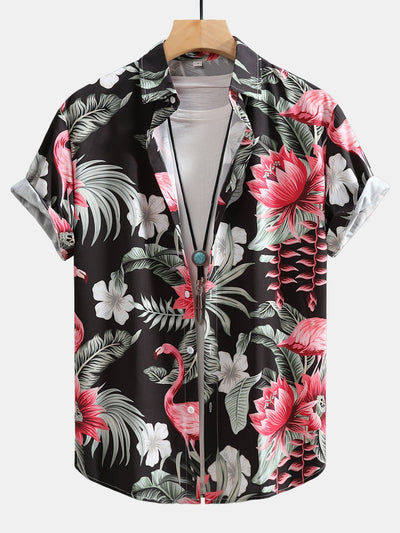 Urbano® | Flamingo Flower Print Button Up Shirt & Swim Shorts