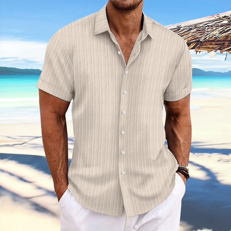 Men's Cotn Linen Stripe Print Loose Short Sleeve Lapel Shirt