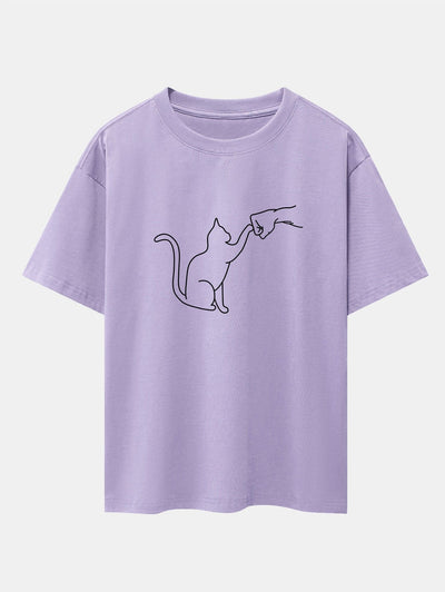 Asier® | Fist Bump Cat Print Drop Shoulder Oversize T-Shirt