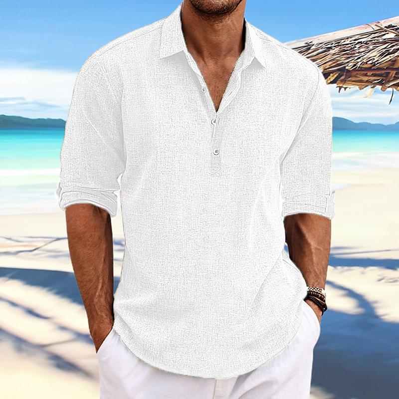 Men's Casal Solid Color Pllover Lapel Roll-p Cotn and Linen Sleeve Long Sleeve Shirt
