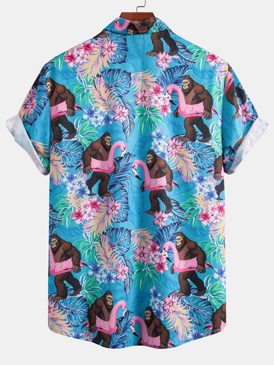 Adonai® | Tropical Plants And Orangutan Print Button Up Shirt & Swim Shorts