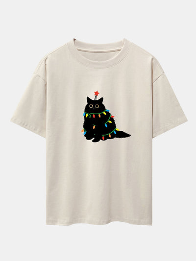 Silvano® | Christmas Lights Black Cat Print Drop Shoulder Oversize T-Shirt