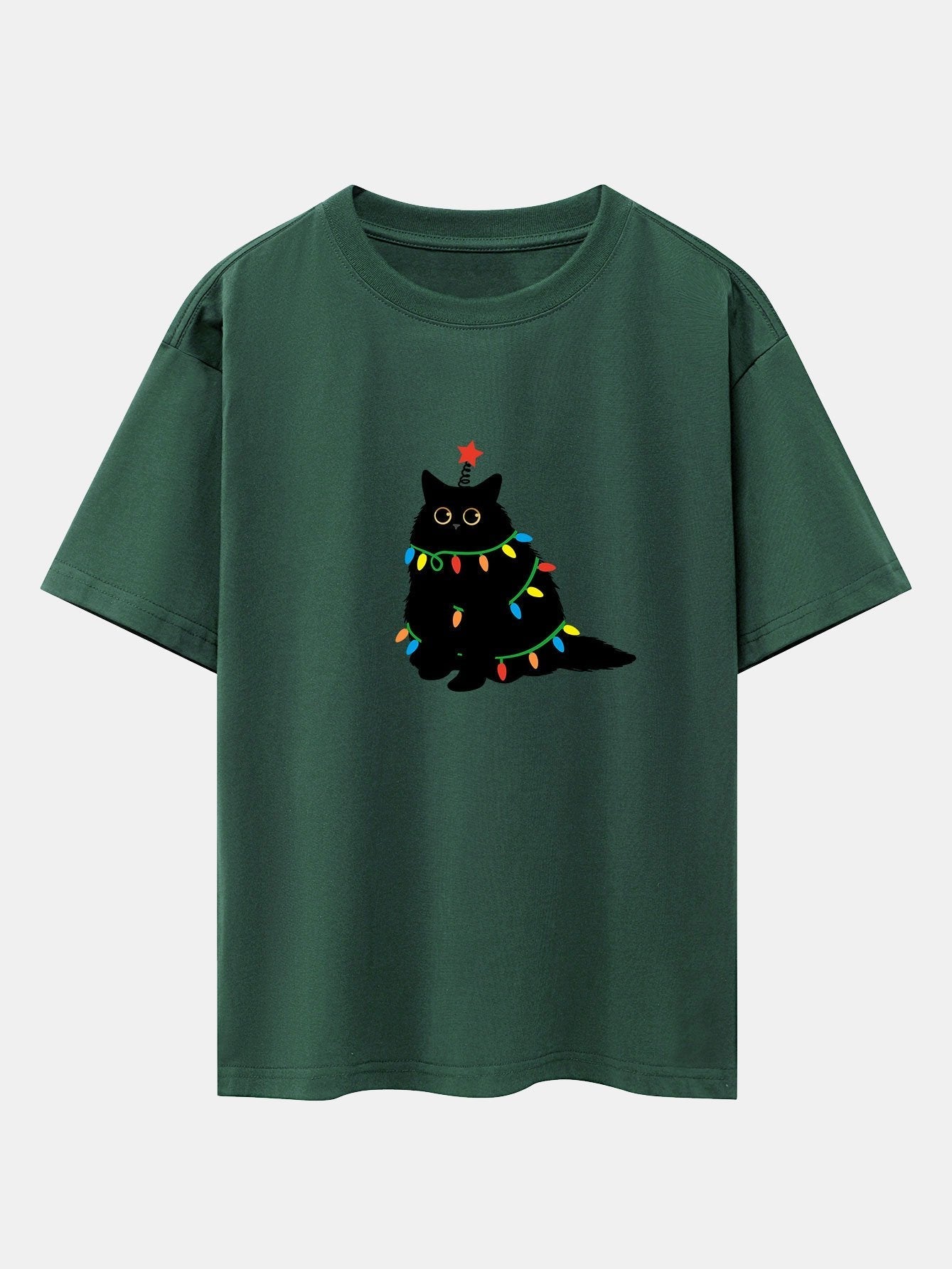 Silvano® | Christmas Lights Black Cat Print Drop Shoulder Oversize T-Shirt