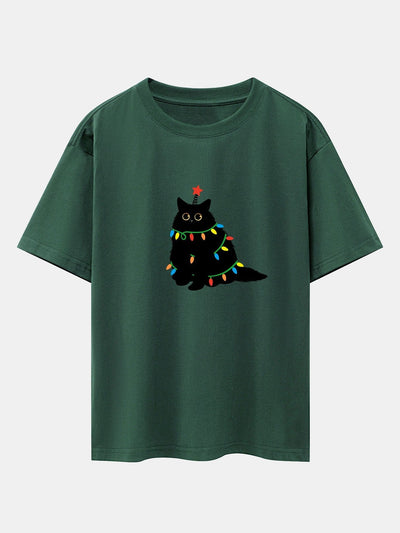 Silvano® | Christmas Lights Black Cat Print Drop Shoulder Oversize T-Shirt