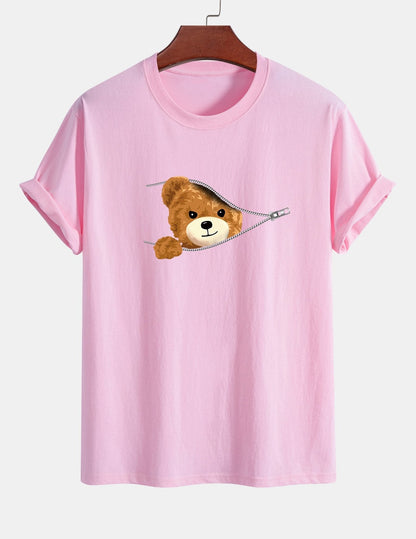 Yeray® | Zipper Bear Print Cotton T-Shirt
