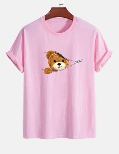 Yeray® | Zipper Bear Print Cotton T-Shirt