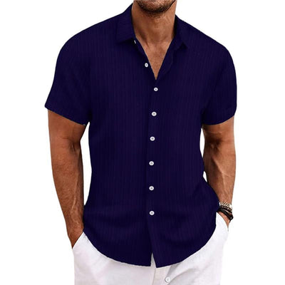 Men's Cotn Linen Stripe Print Loose Short Sleeve Lapel Shirt
