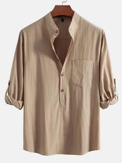 Aniruddha® | Long Sleeve Linen Look Henley Collar Shirt