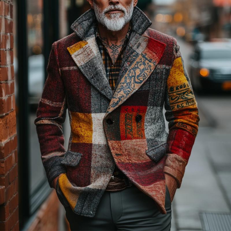 Men's Retro Casal Tweed Plaid Ethnic Style Printed Jacket