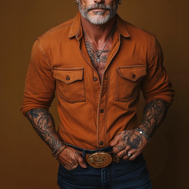 Men's Retro Casual Solid Pocket Long Sleeve Shirt