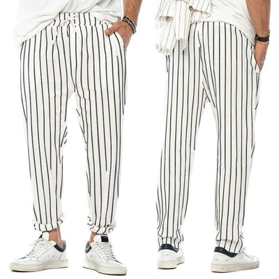 Men's Vertical Striped Cotn And Linen Straight Loose Trendy Casal Trosers