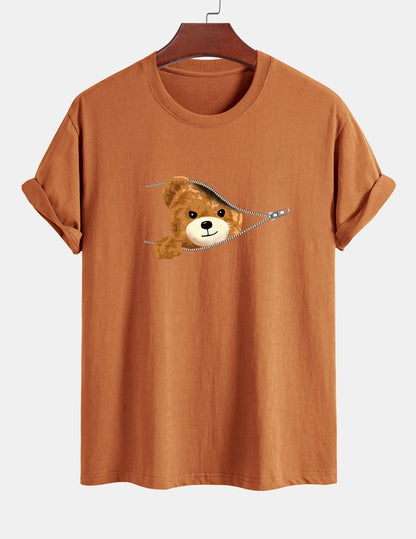 Yeray® | Zipper Bear Print Cotton T-Shirt