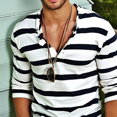 Men's Casal Striped Henley Collar Cotn Blend Long Sleeve T-Shirt
