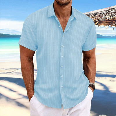 Men's Cotn Linen Stripe Print Loose Short Sleeve Lapel Shirt