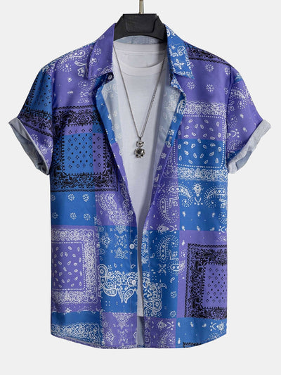 Asaph® | Paisley Bandana Print Button Up Shirt Random Pattern Design